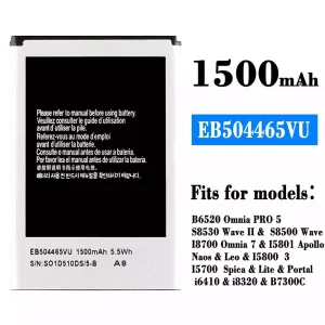 Genuine cell phone battery EB504465VU for Samsung B6520 Omnia PRO 5/S8530 Wave /S8500 Wave 2