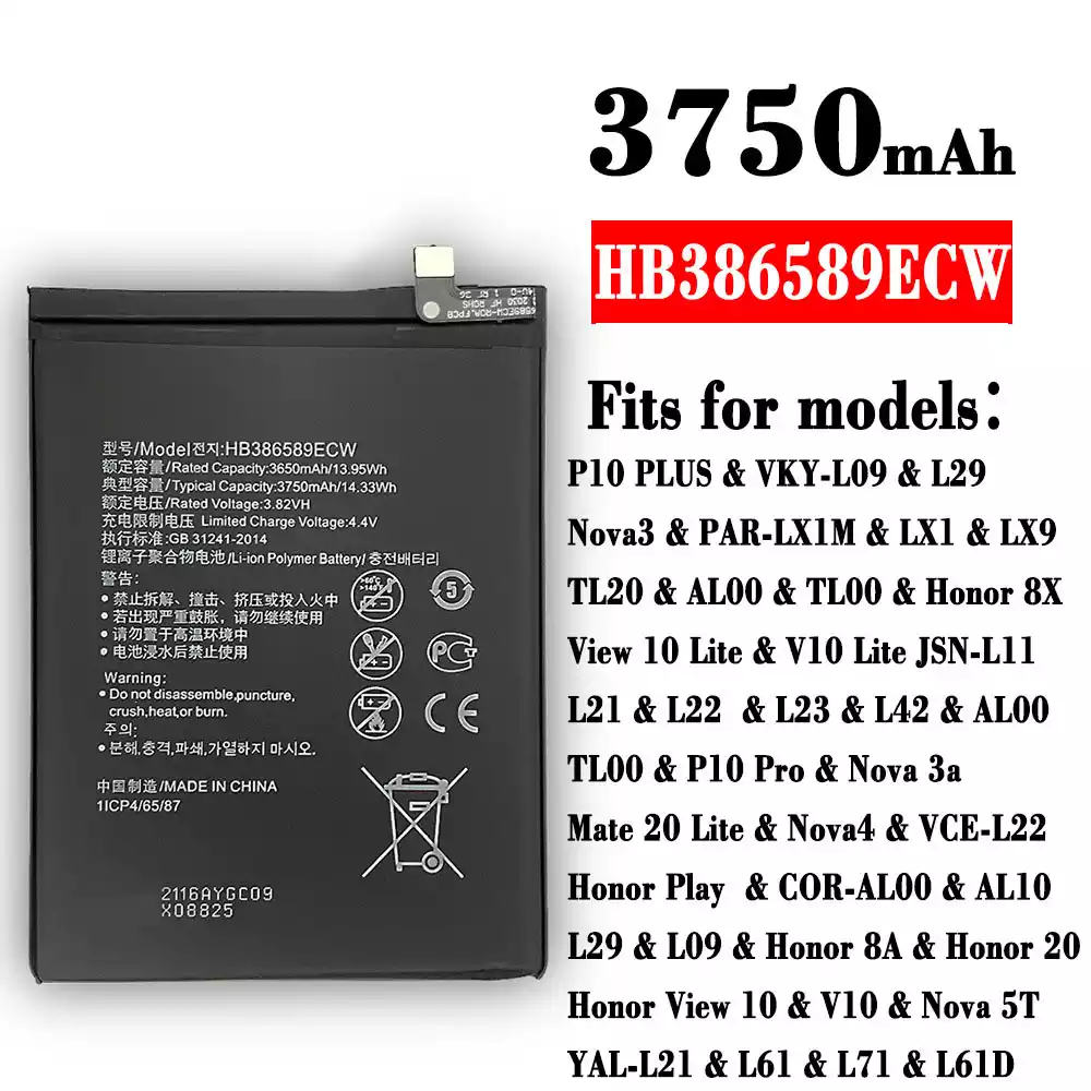 Genuine cell phone battery HB386589ECW for HUAWEI P10 PLUS /Nova3 / Honor 8X / View 10 Lite / P10 Pro / Nova 3a / Mate 20 Lite / Nova4 / Honor 8A / Honor 20 / Honor View 10 / Nova 5T