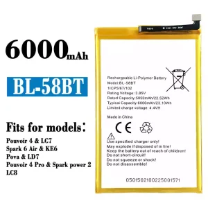 Genuine cell phone battery BL-58BT for Tecno Pouvoir 4 / Pouvoir 4 Pro/ Spark 6 Air / Spark power 2