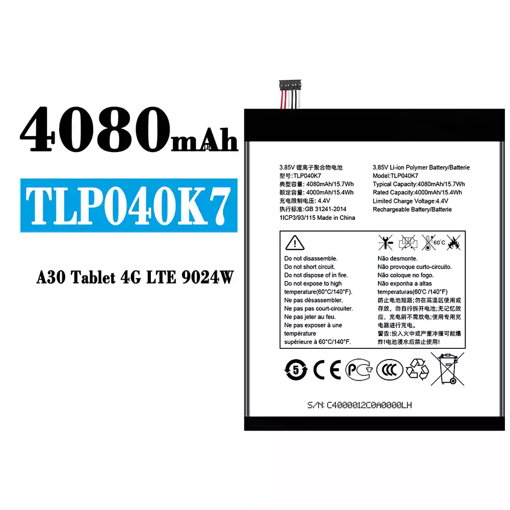 Genuine cell phone battery TLP040K7 for Alcatel A30 Tablet 4G LTE 9024W