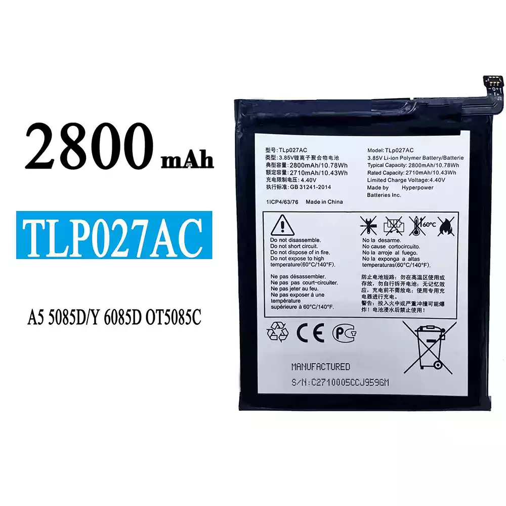 Genuine cell phone battery TLP027AC for Alcatel A5 5085D/Y 6085D OT5085C