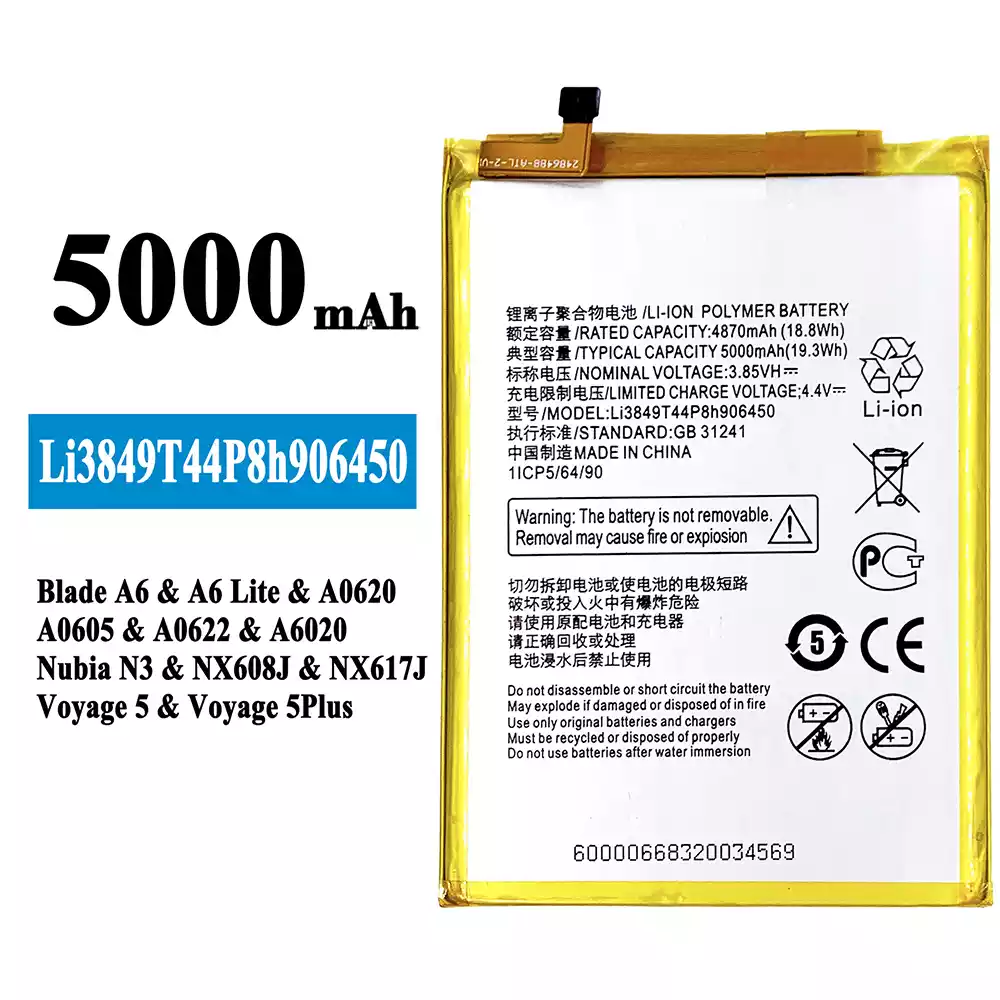 Genuine cell phone battery Li3849T44P8h906450 for ZTE Blade A6/A6 Lite/Nubia N3/Voyage 5/Voyage 5 PLUS