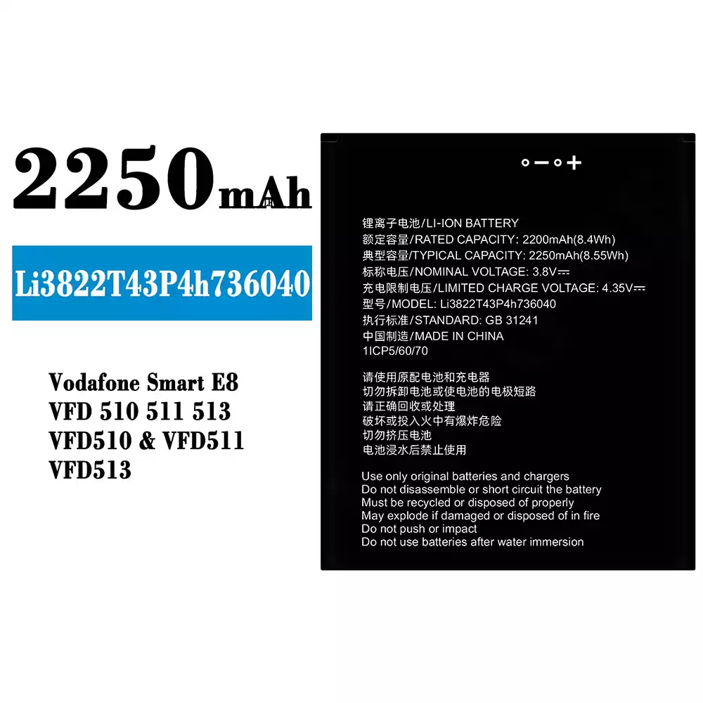 Genuine cell phone battery Li3822T43P4h736040 for ZTE Vodafone Smart E8